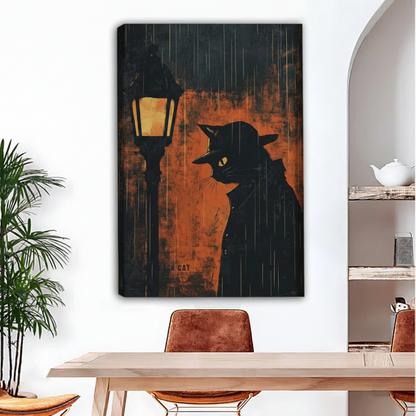 Noir black cat canvas wall art — detective cat under rainy street lamp, vintage moody print for dining room