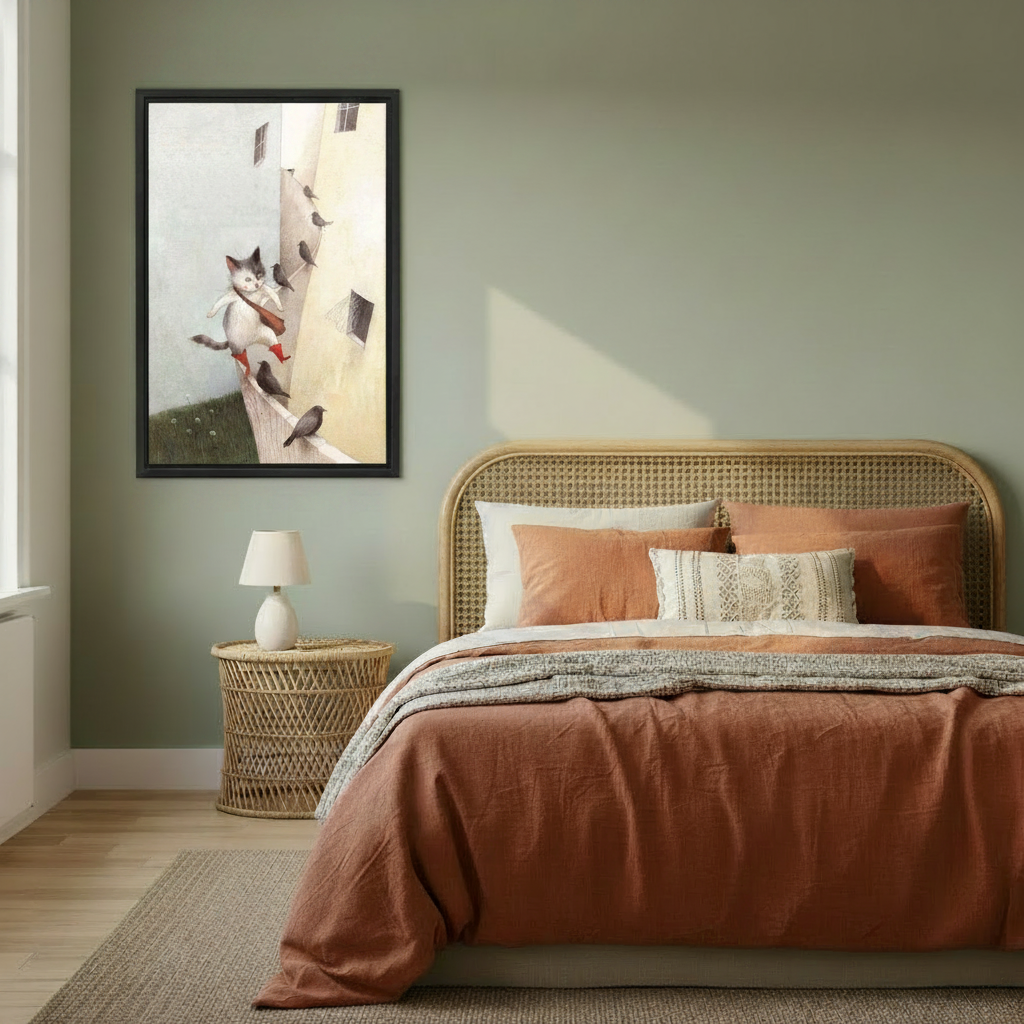 Whimsical cat wall art in black frame hanging in sage green bedroom with rattan headboard and terracotta bedding