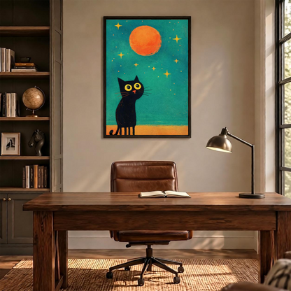 Whimsical Black Cat Moon Canvas Wall Art | Framed & Unframed l4172