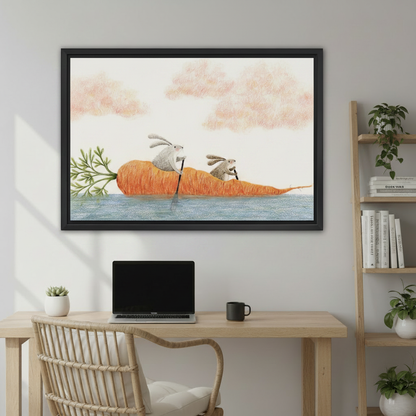Cute Bunny Rowing Carrot Boat Framed Art – Whimsical Wall Decor for home office
