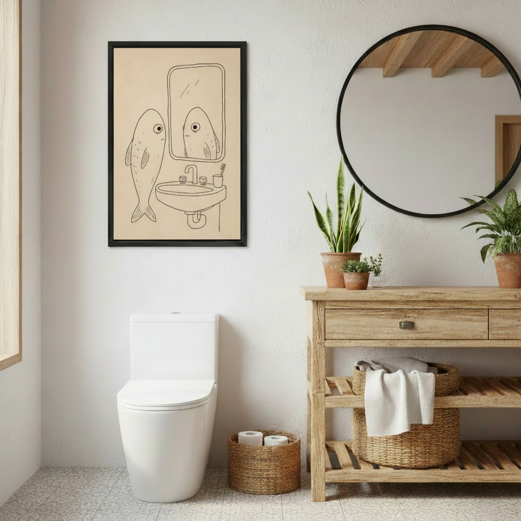 Funny fish bathroom mirror framed wall art, black frame, beige line drawing, styled in a rustic boho bathroom with wood vanity