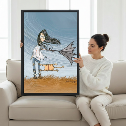 Woman holding large whimsical girl and cat framed canvas print on white sofa