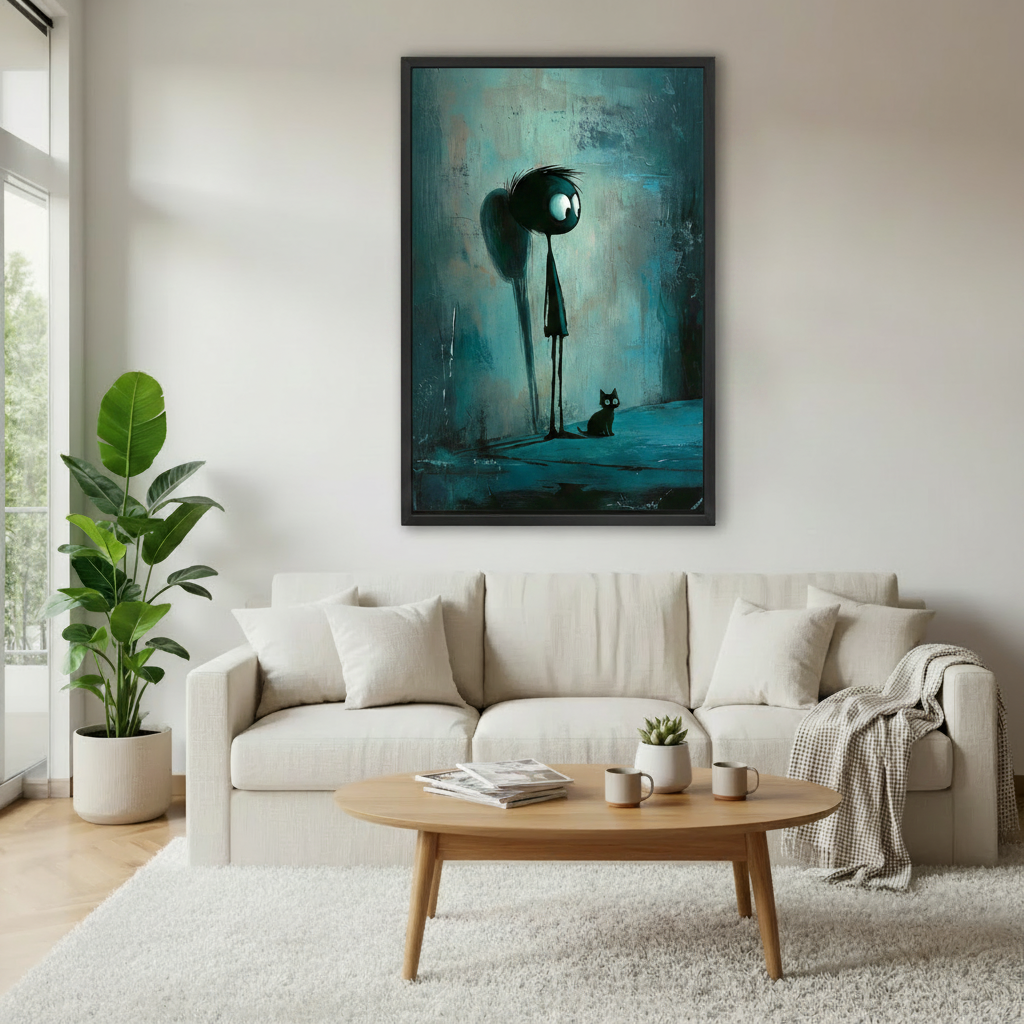 Dark fantasy quirky figure and black cat framed canvas wall art above cream sofa in cozy Scandinavian living room
