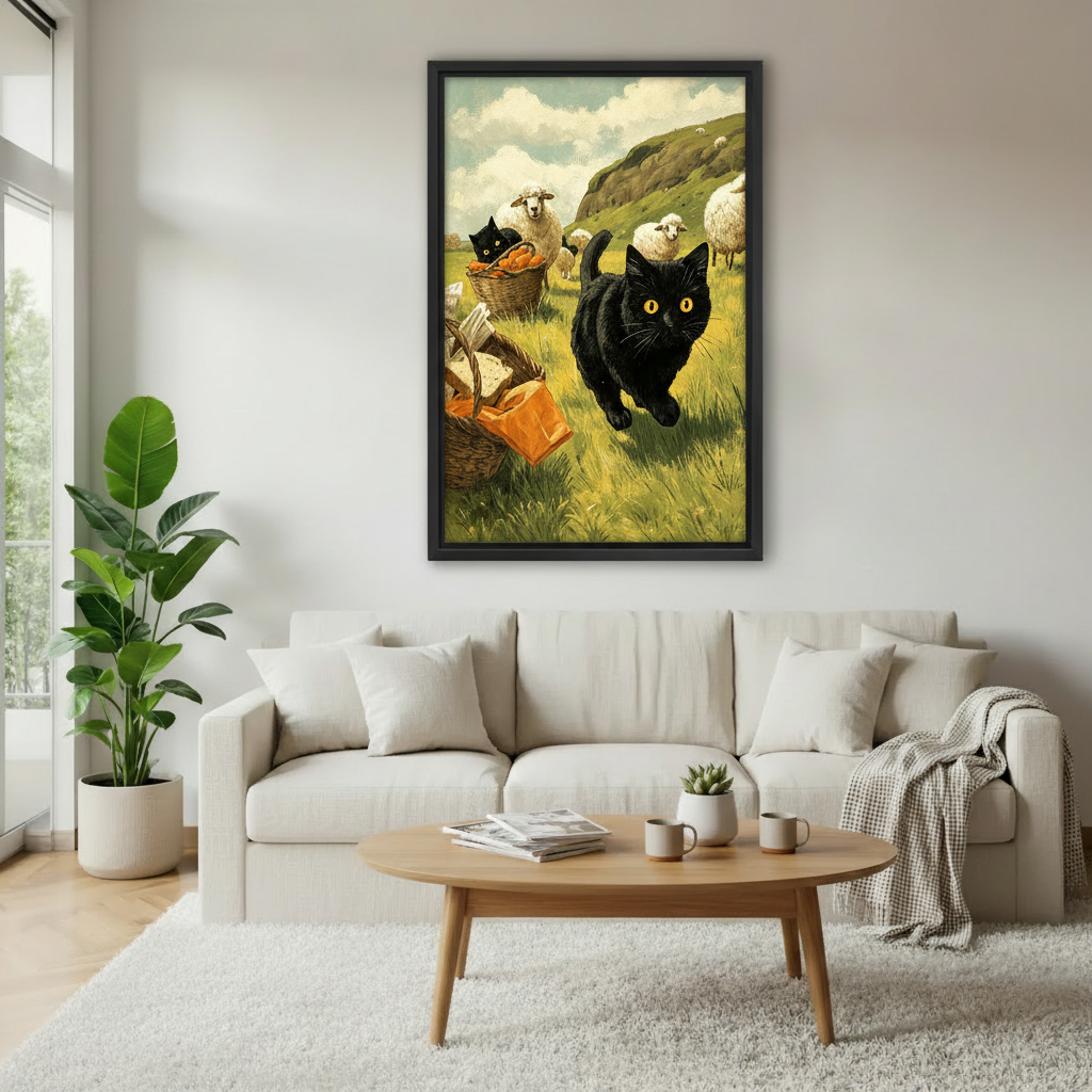 Vintage black cat countryside canvas wall art in black frame above sofa — whimsical pastoral cat print for living room