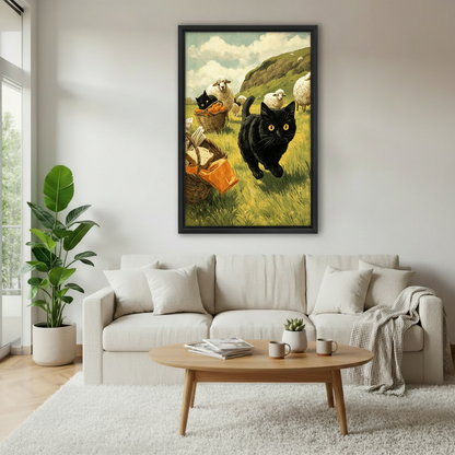 Vintage black cat countryside canvas wall art in black frame above sofa — whimsical pastoral cat print for living room