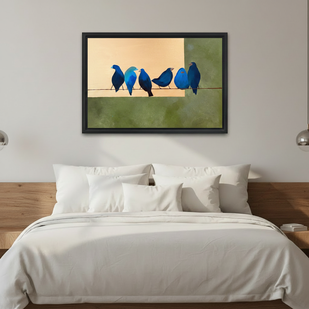 Minimalist Blue Bird Framed Canvas Wall Art - Geometric Nature Print for Bedroom