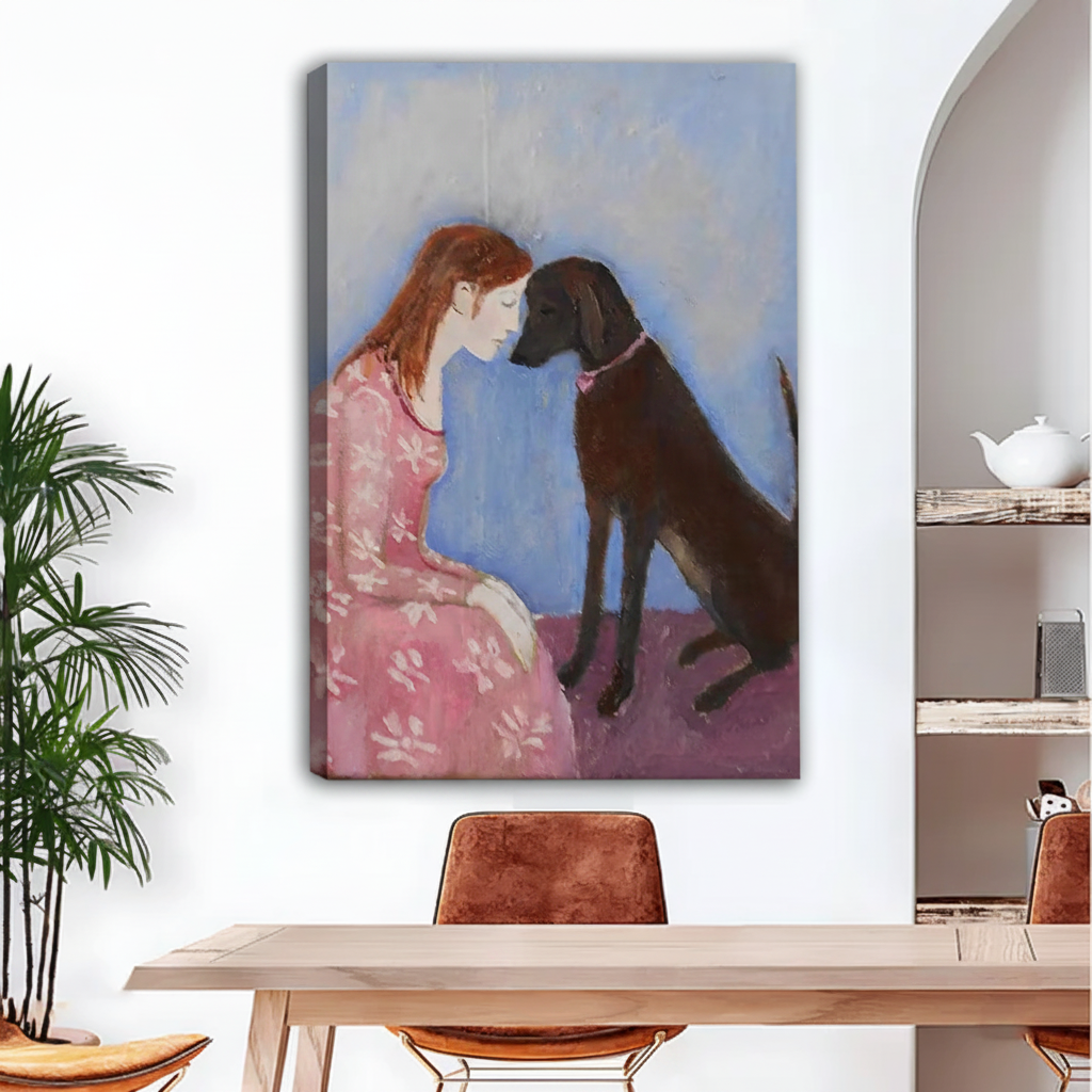 Figurative oil painting woman and dog gallery wrap canvas art above wooden dining table