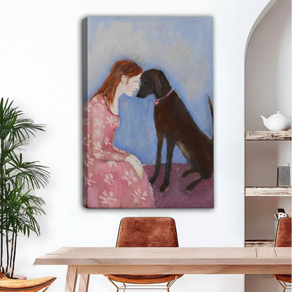 Figurative oil painting woman and dog gallery wrap canvas art above wooden dining table