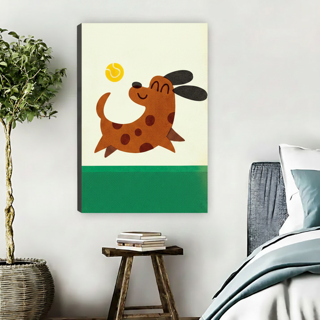 Cute dog chasing ball gallery wrap canvas art displayed in modern bedroom with side table
