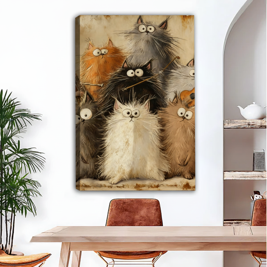 Frameless funny fluffy cat gang vintage canvas wall art with  whimsical cats, gallery wrap for dining room decor