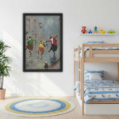 Black framed vintage dancing women canvas print hanging in kids bedroom, colorful figurative wall art