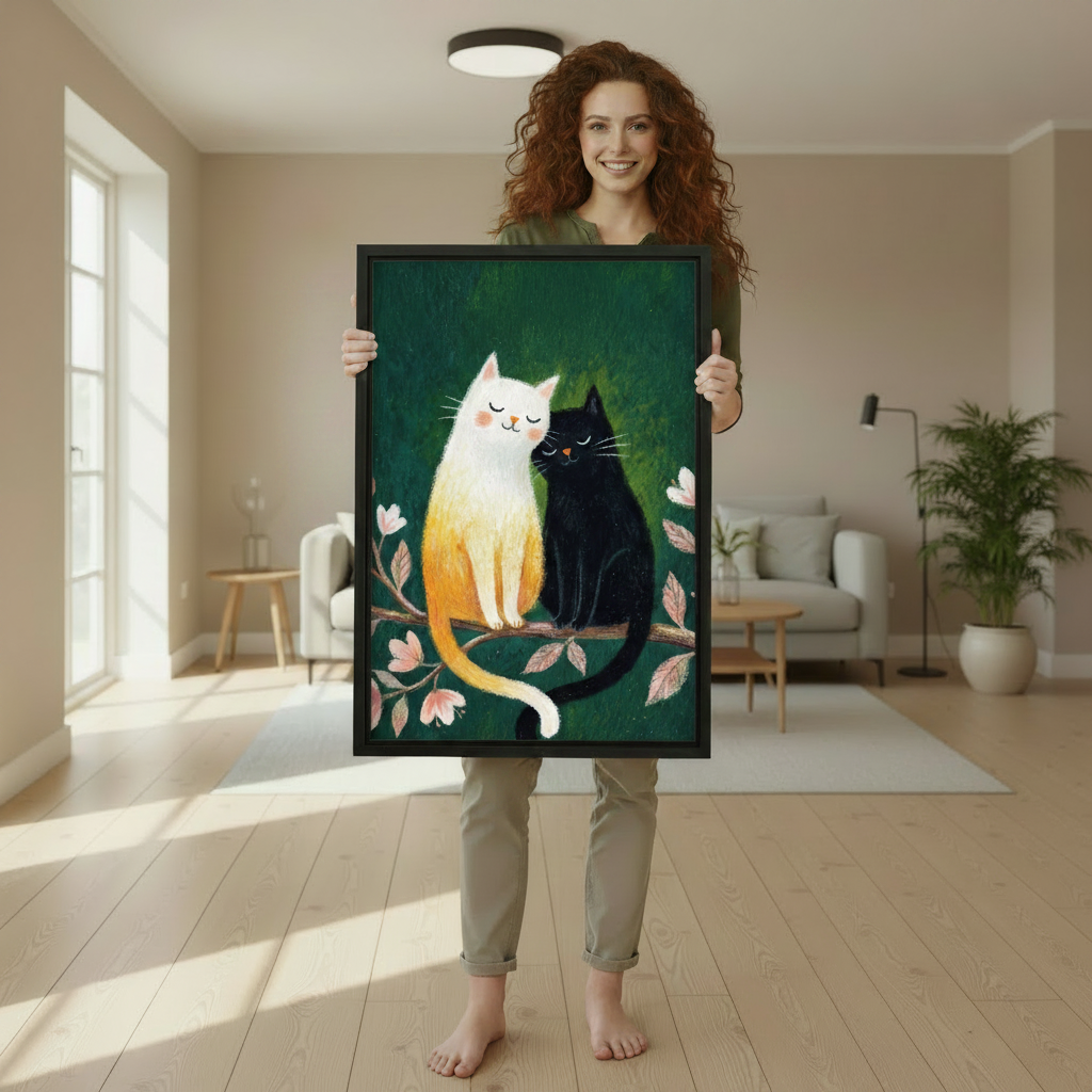 Woman holding large whimsical cat couple canvas print in bright modern living room — shows true size of wall art