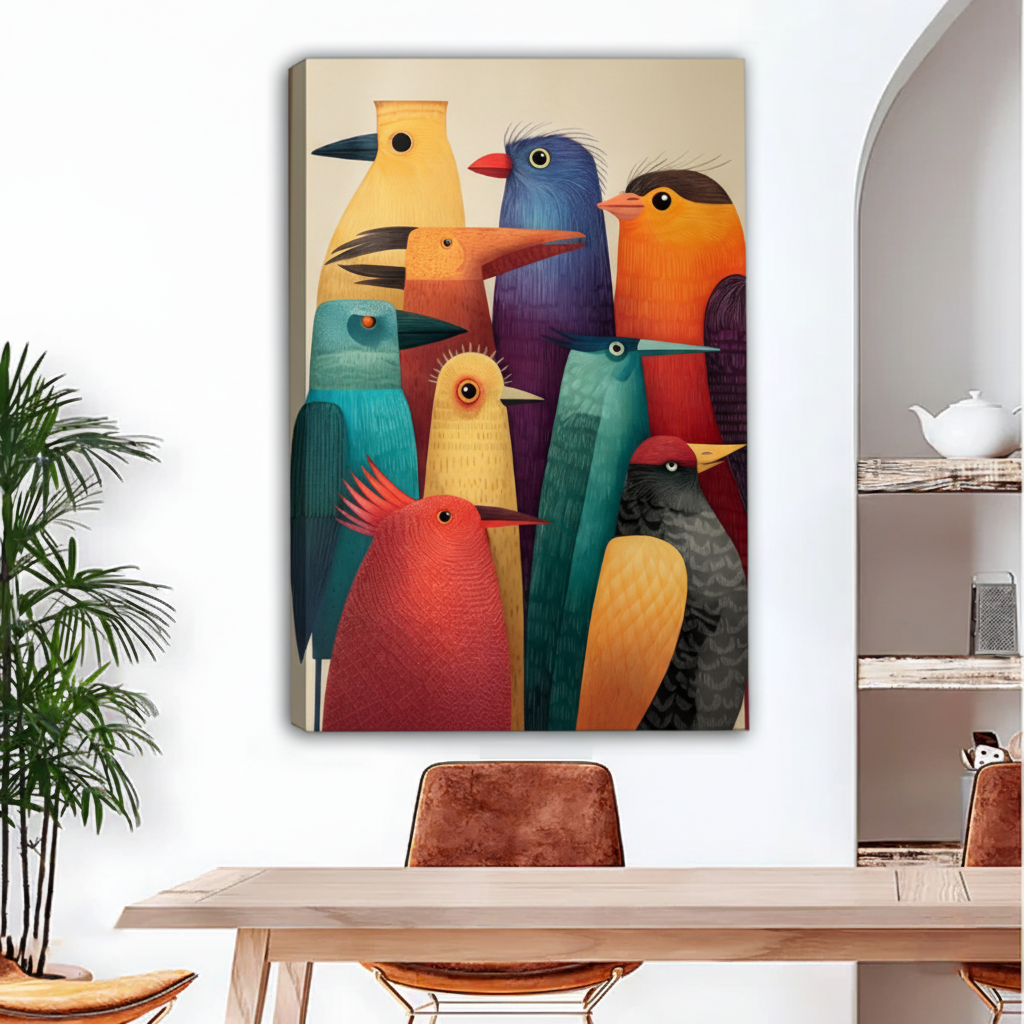 Colorful folk art canvas print featuring a whimsical flock of birds in bold teal, red and gold tones, displayed above dining table