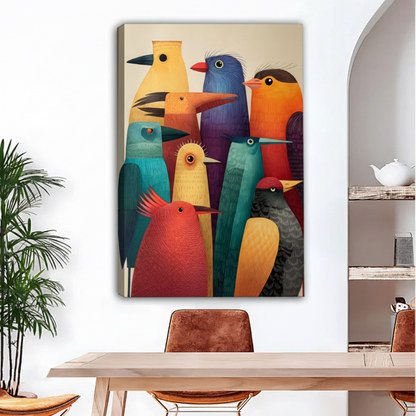 Colorful folk art canvas print featuring a whimsical flock of birds in bold teal, red and gold tones, displayed above dining table