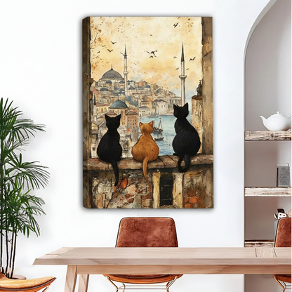Istanbul cats vintage watercolor canvas wall art no frame above dining table — three cats watching mosque and harbor cityscape