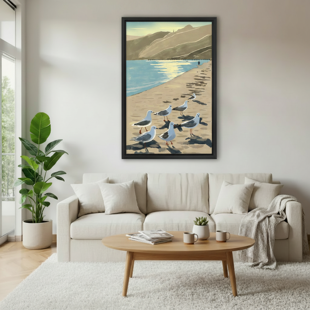 Vintage coastal seagulls framed wall art above cream sofa in Scandinavian minimalist living room