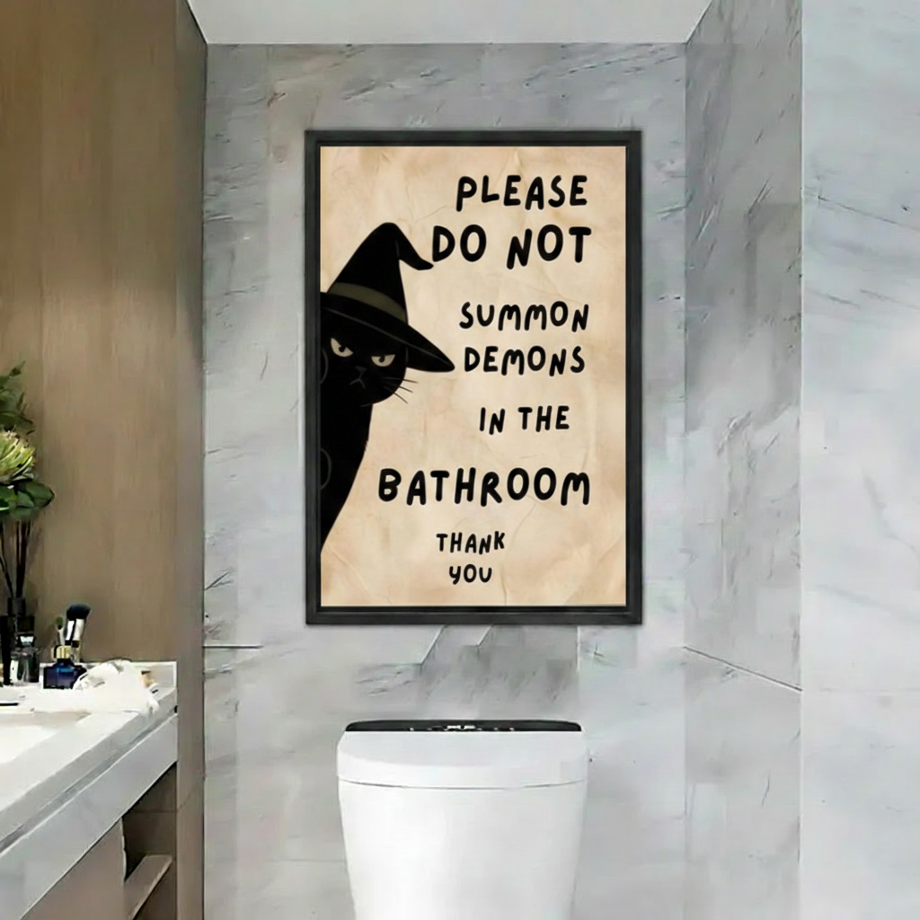 Witch cat do not summon demons bathroom canvas wall art, frameless print, marble bathroom above toilet