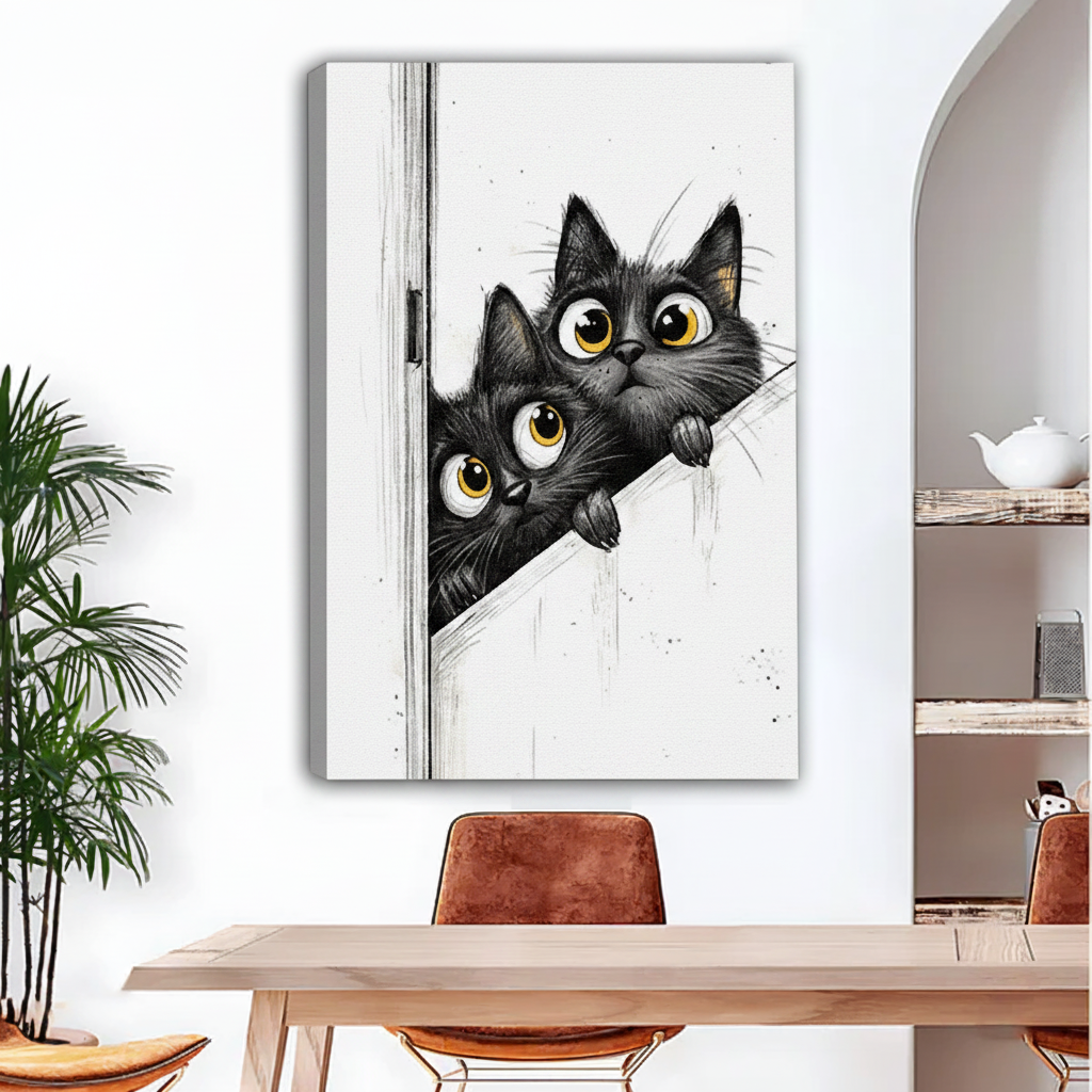 Two peeking black cats unframed canvas wall art above dining table, funny whimsical cat print gallery wrap