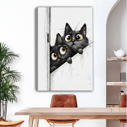 Two peeking black cats unframed canvas wall art above dining table, funny whimsical cat print gallery wrap