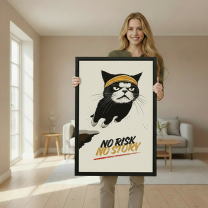 Woman holding No Risk No Story framed cat canvas wall art – motivational black cat print showing true size for home decor