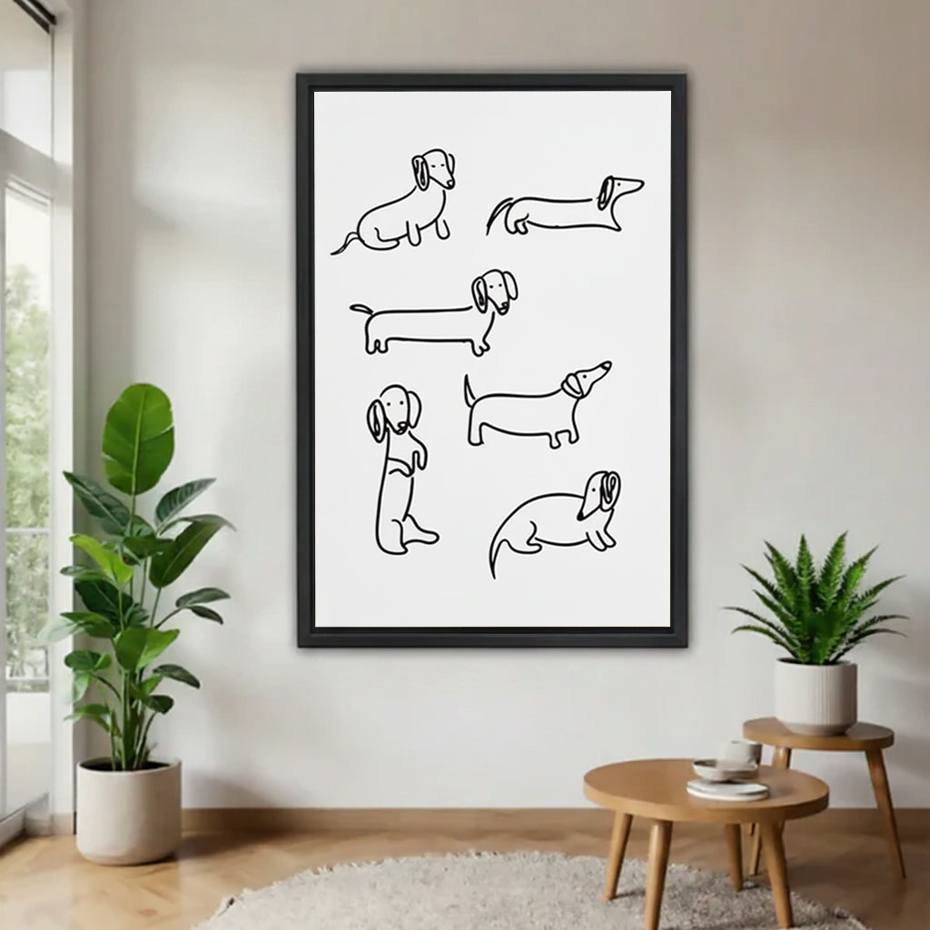 Black framed dachshund line art wall print in bright living room – minimalist wiener dog illustration