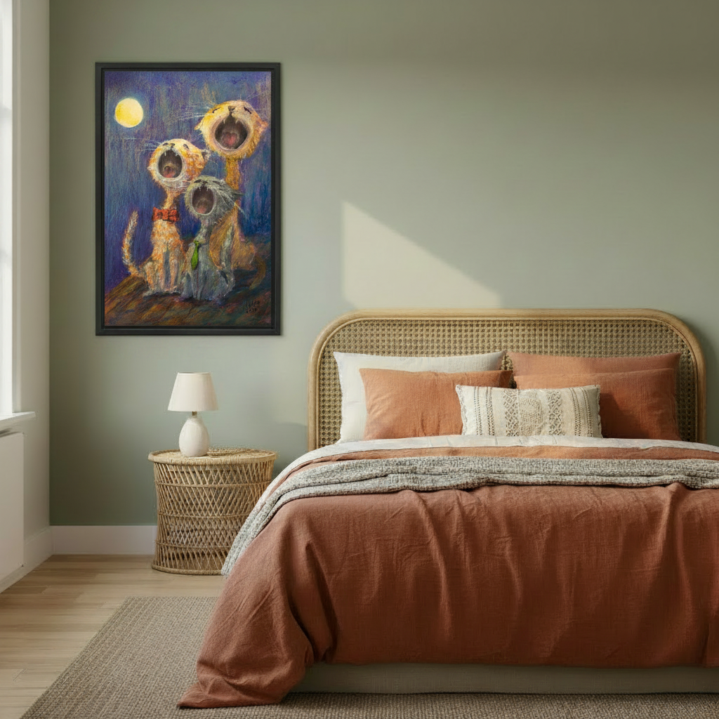 Whimsical singing cats wall art for bedroom, three quirky cats meowing at full moon on blue night background, black framed canvas print for boho bedroom decor