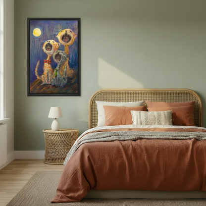 Whimsical singing cats wall art for bedroom, three quirky cats meowing at full moon on blue night background, black framed canvas print for boho bedroom decor