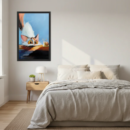 Curious Cat Snail Oil Painting Framed Print Above Headboard – Funny Calico Cat Wall Art for Bedroom