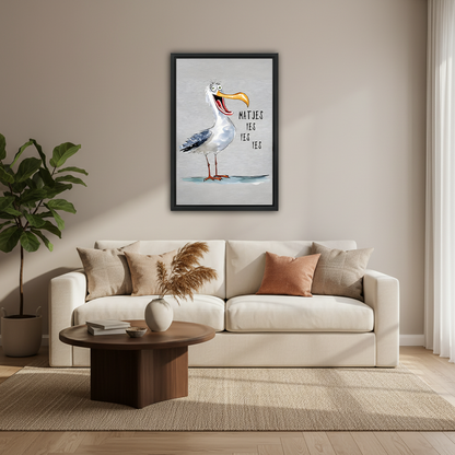 Coastal humor seagull quote framed canvas print above sofa - funny bird wall art for living room
