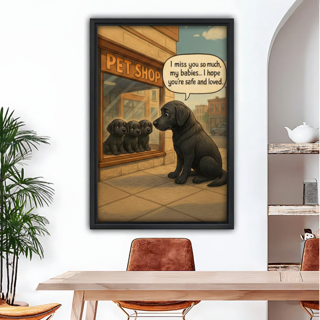 Emotional Lab mom I miss you pet shop framed wall art, black frame, above dining table