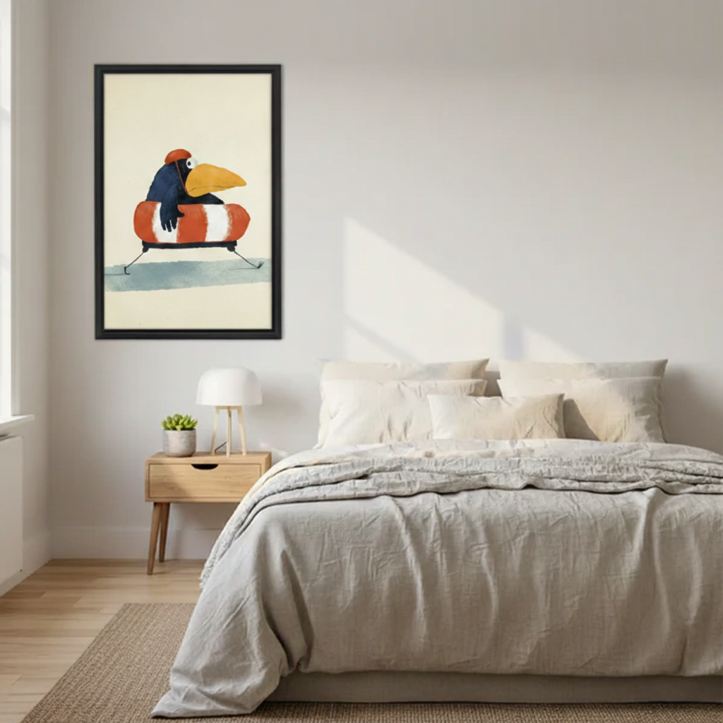 Framed quirky bird vintage wall art print in a cozy Scandinavian bedroom above nightstand – whimsical animal decor