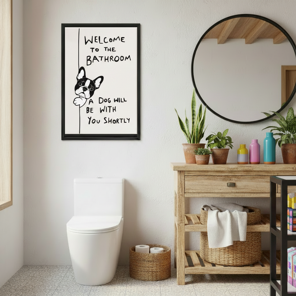Funny dog bathroom wall art print in black frame beside wood shelf and round mirror