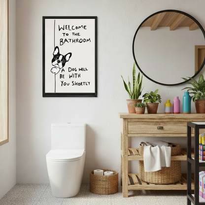 Funny dog bathroom wall art print in black frame beside wood shelf and round mirror