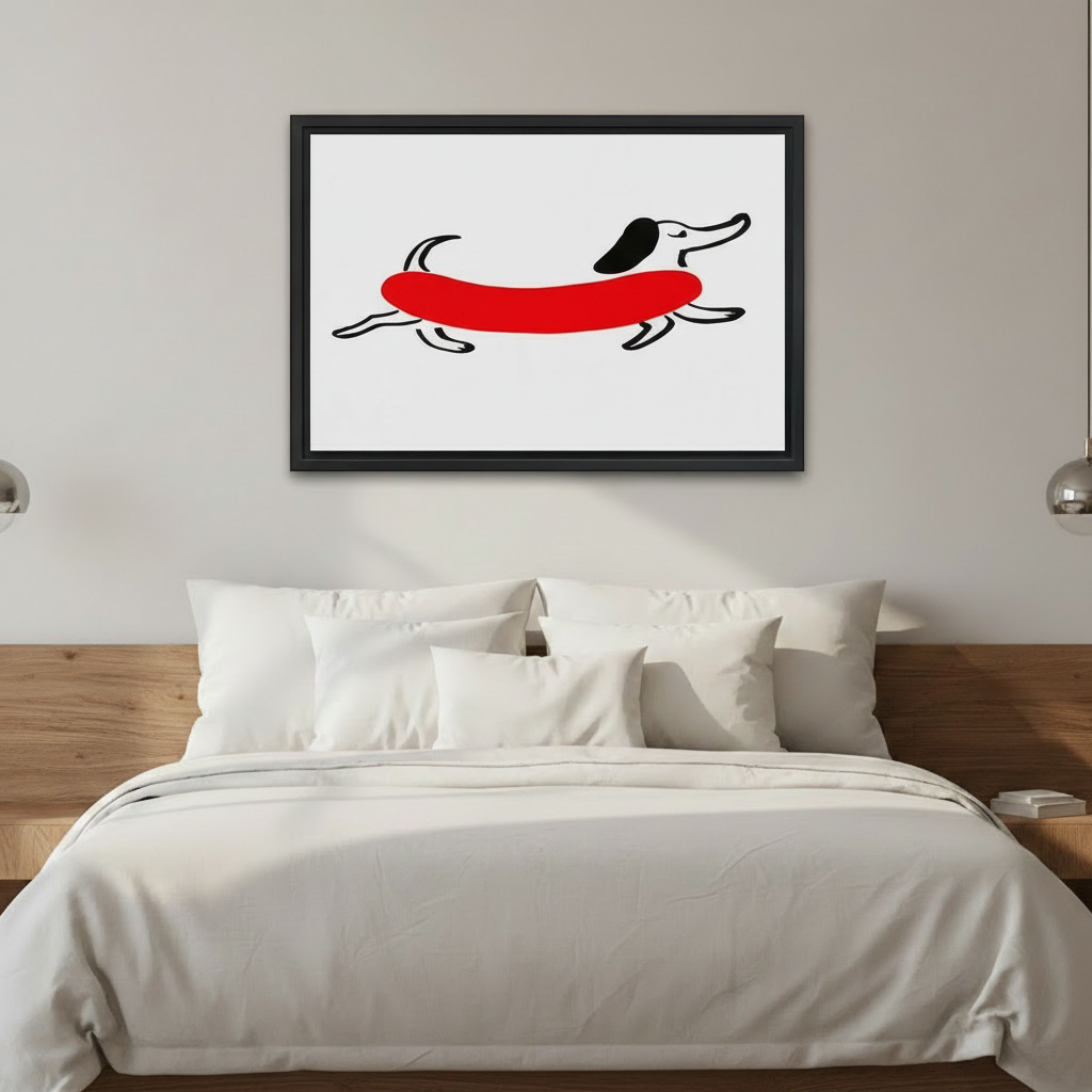 Minimalist Dachshund Framed Wall Art - Red Line Art Dog Print for Bedroom Decor