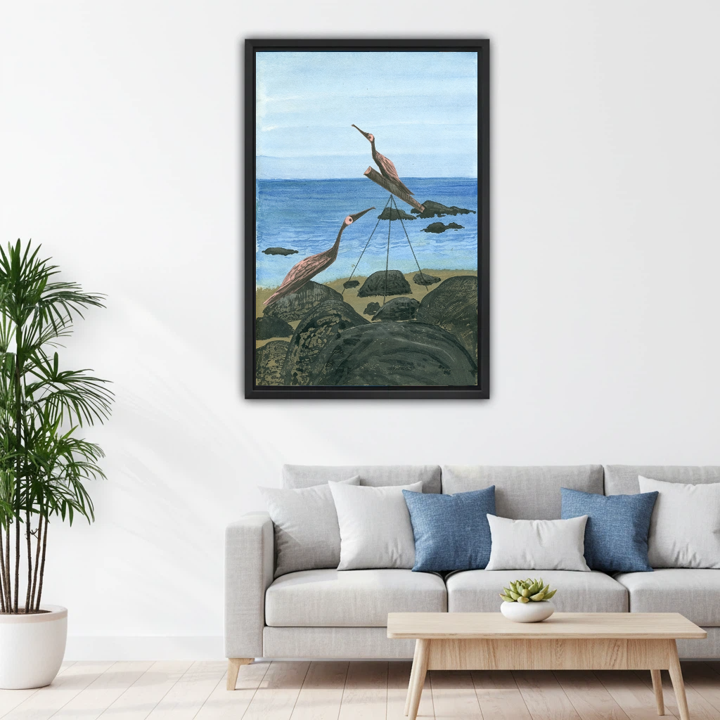 Heron birds seascape oil painting black framed canvas print above gray sofa in minimalist coastal living room