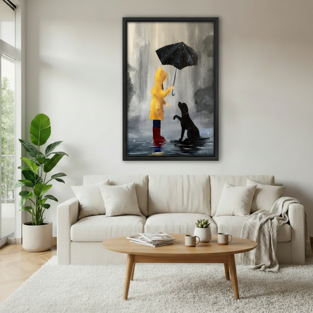 Emotional dog and girl umbrella painting framed canvas art hung above white sofa in modern living room