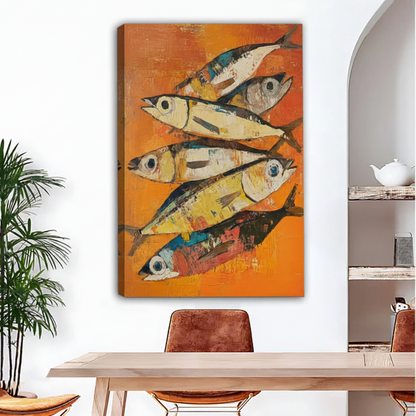 Abstract fish school canvas wall art in warm orange tones, frameless gallery wrap for dining room decor