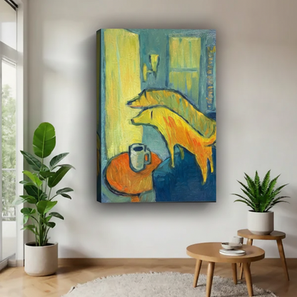 Fauvist golden dog coffee cup gallery wrap canvas art without frame in modern living room with plants