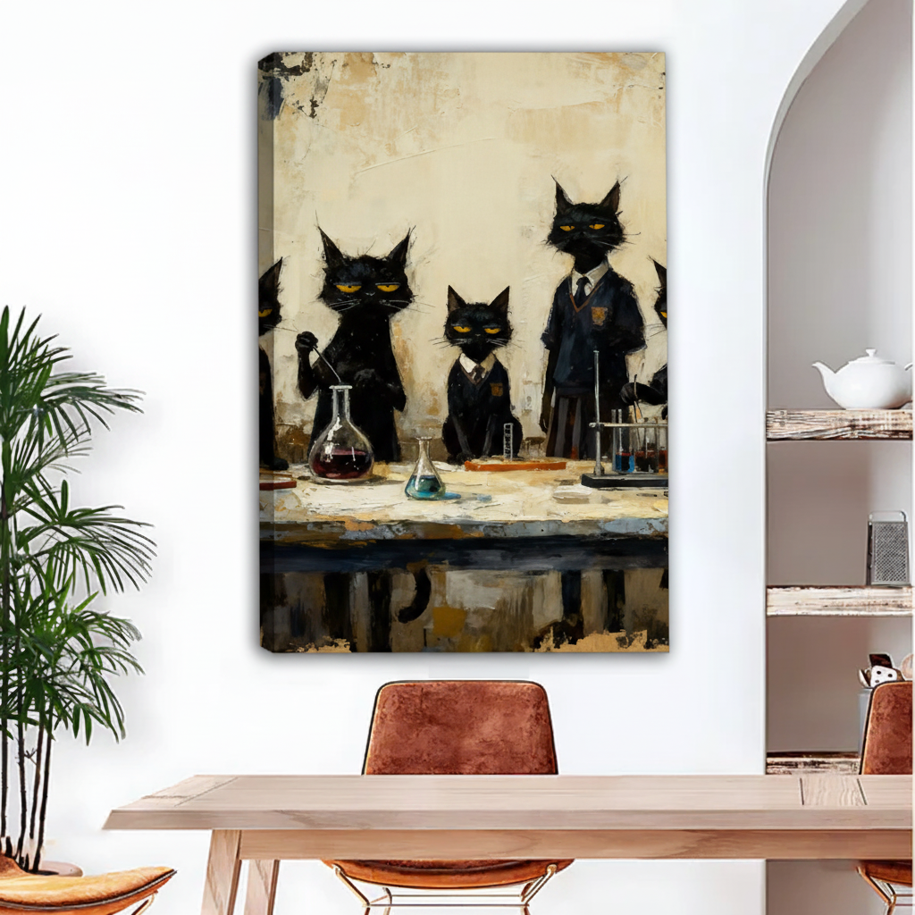 Vintage black cats scientists lab gallery wrap canvas wall art no frame above dining table,serious black cats in uniforms with beakers and flasks