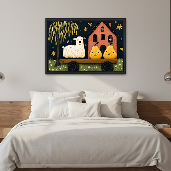 Woman holding a large black framed sheep and pears wagon canvas wall art in a bright room, showing scale