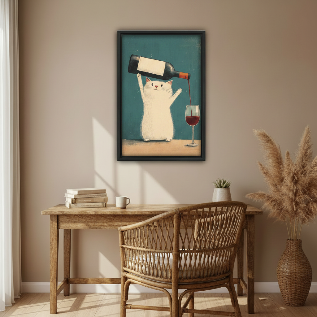 Cute white cat pouring red wine vintage teal background funny wall art print in black frame above rustic wood desk with rattan chair and pampas grass vase in boho home office