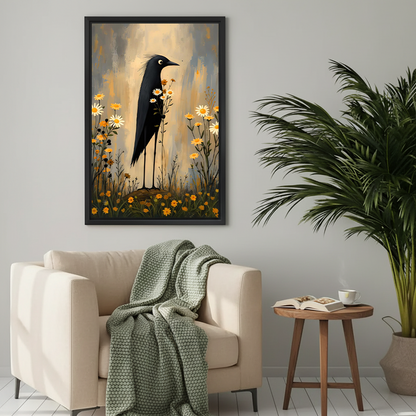 Woman holding framed black bird wildflower canvas wall art in a softly lit room.