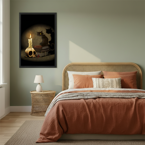 Gallery-wrap gothic black cat canvas wall art with a glowing skull candle displayed between plants beside wooden tables.