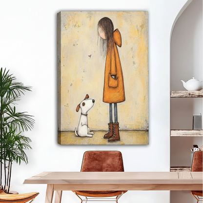 Whimsical girl and dog canvas wall art print above dining table — warm illustrated home decor