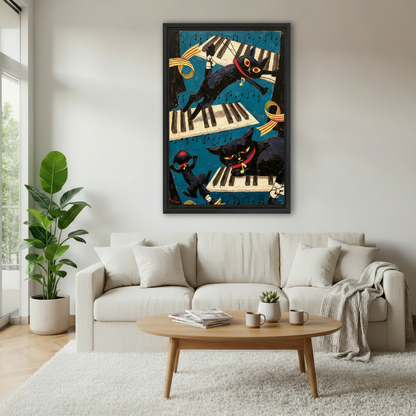 Framed black cat piano jazz canvas wall art above white sofa, bold  three cats on keyboard with music notes living room decor