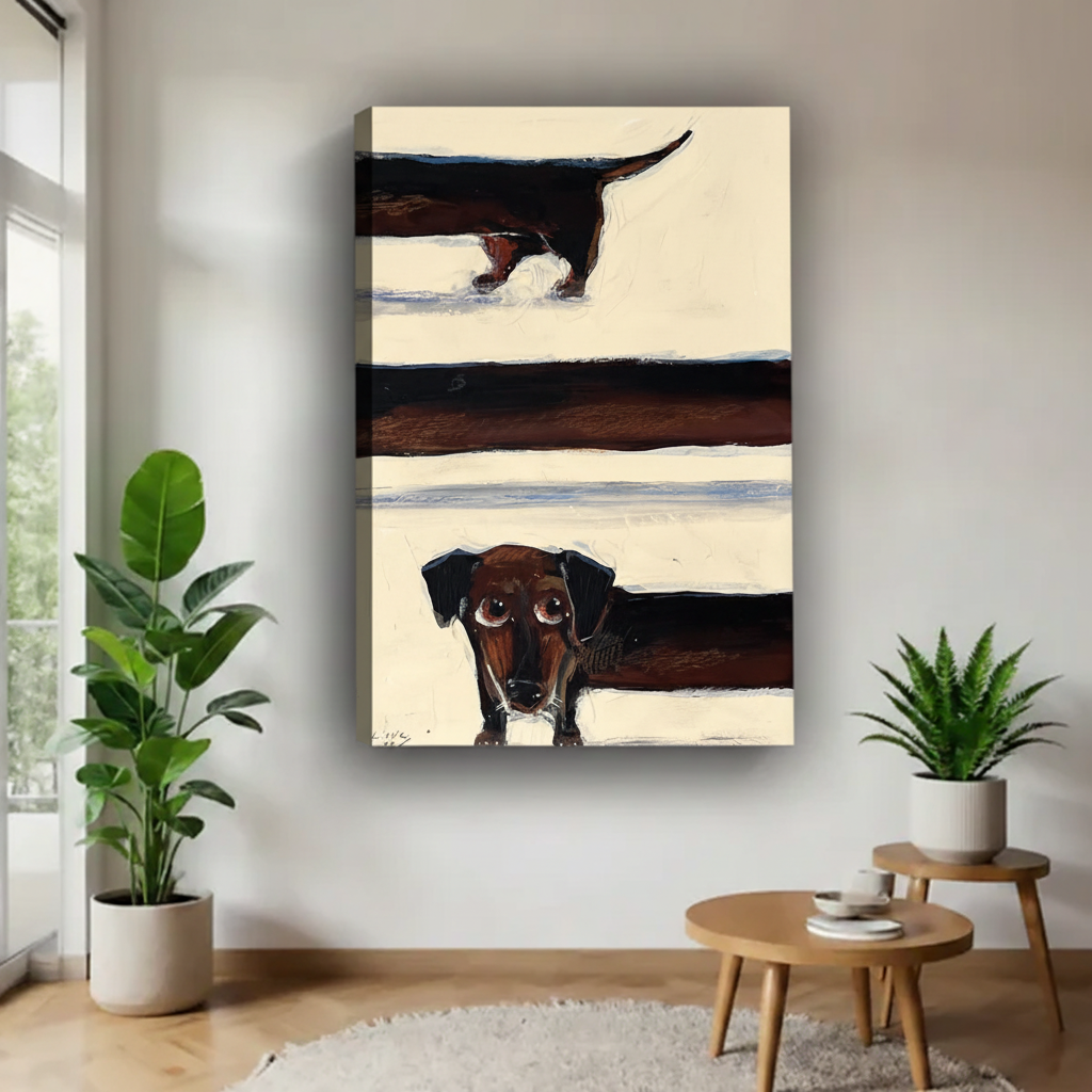 Dachshund peeking through fence canvas wall art in modern living room with plants