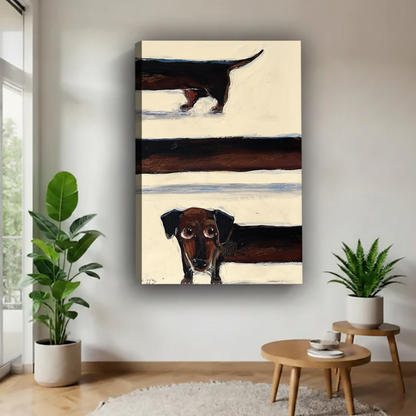 Dachshund peeking through fence canvas wall art in modern living room with plants