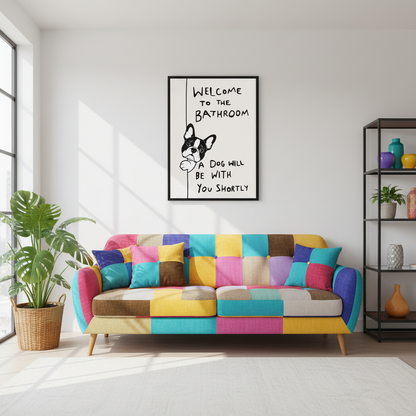 Humorous French Bulldog framed canvas wall art above colorful patchwork sofa in living room