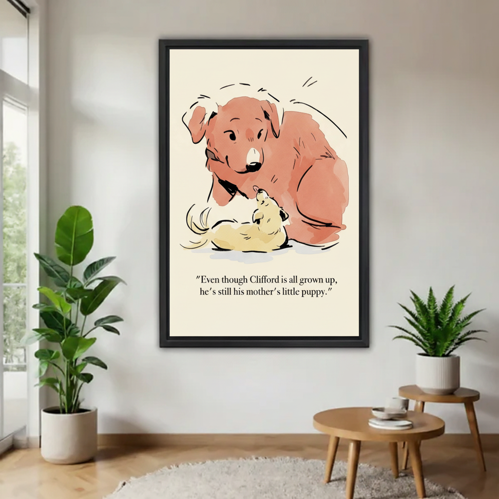 Black framed cute dog mom wall art in modern living room – mother and puppy illustration print