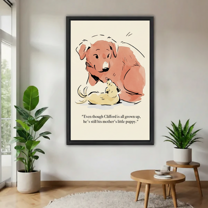 Black framed cute dog mom wall art in modern living room – mother and puppy illustration print